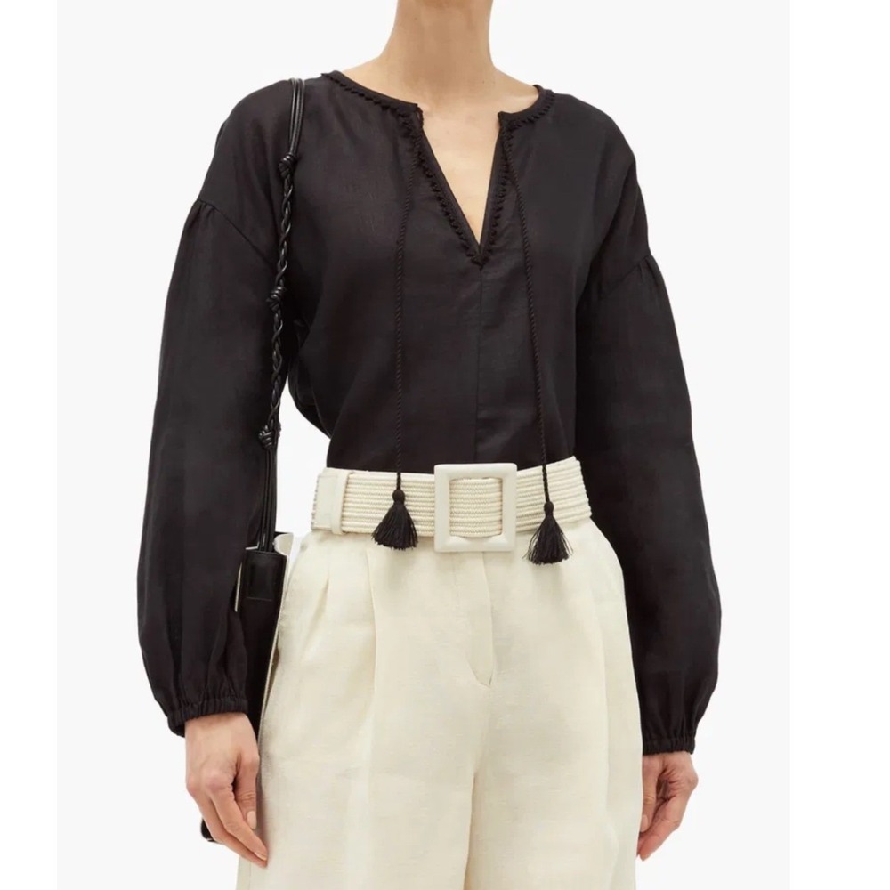 Weekend Max Mara Calotta Blouse Black Linen Cotton Jersey Balloon Sleeve Top M